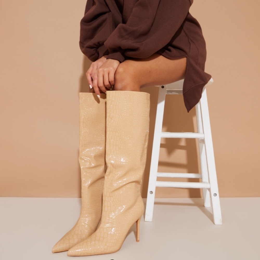 PrettyLittleThing Croc Stiletto Heeled Knee High Boots